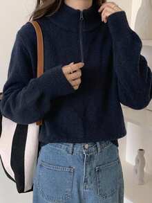Dazy-Less 女款海軍藍小立領半拉鍊針織套頭毛衣，休閒通勤辦公層搭毛衣，秋冬款 - 藏蓝色 - 查看 5