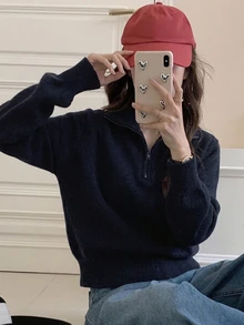 Dazy-Less 女款海軍藍小立領半拉鍊針織套頭毛衣，休閒通勤辦公層搭毛衣，秋冬款 - 藏蓝色 - 查看 3