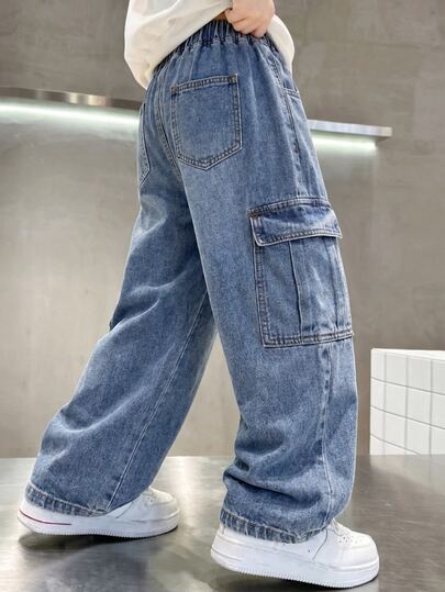 Tween Boy Fashion Casual Y2k Vintage Cool Street Stretch Elastic Waistband And Cargo Pocket Design Blue Loose-Fitting Wide-Leg Jeans For Daily-Wear And Spring To Summer Back-To-School Happy And Streetwear Homecoming School