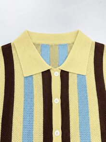 Solivie Top de punto de manga corta con rayas y bloques de color de un solo pecho para mujer - Multicolor - Ver 10