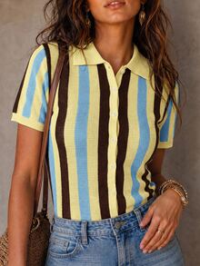 Solivie Top de punto de manga corta con rayas y bloques de color de un solo pecho para mujer - Multicolor - Ver 3