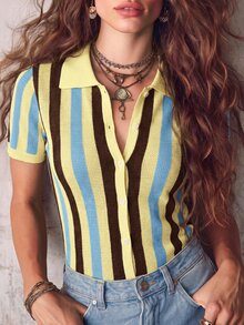 Solivie Top de punto de manga corta con rayas y bloques de color de un solo pecho para mujer - Multicolor - Ver 8