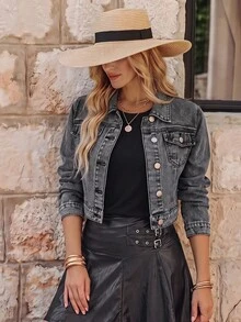 EMERY ROSE Casual Cropped Denim Jacket,Fall/Winter - Grey - View 1