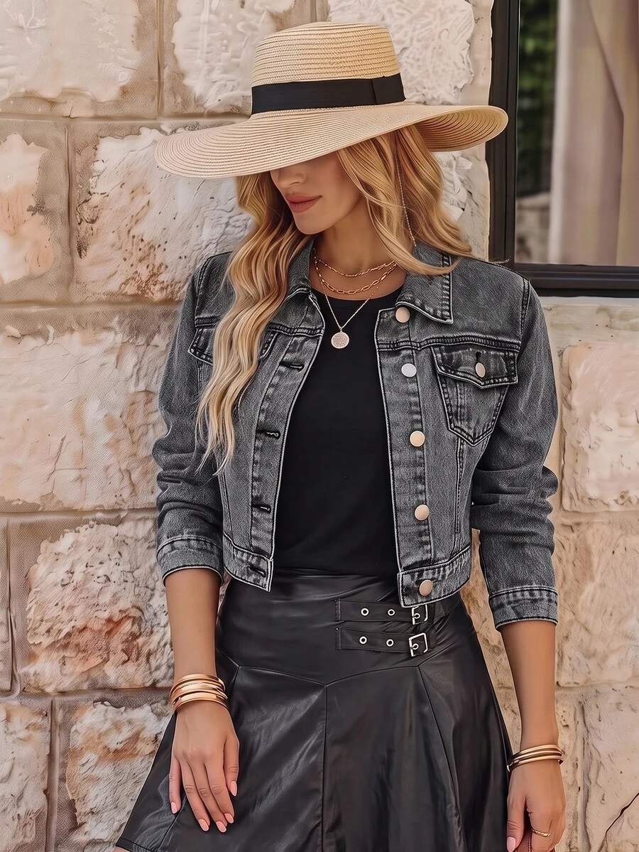 EMERY ROSE Casual Cropped Denim Jacket,Fall/Winter - Grey - View 1