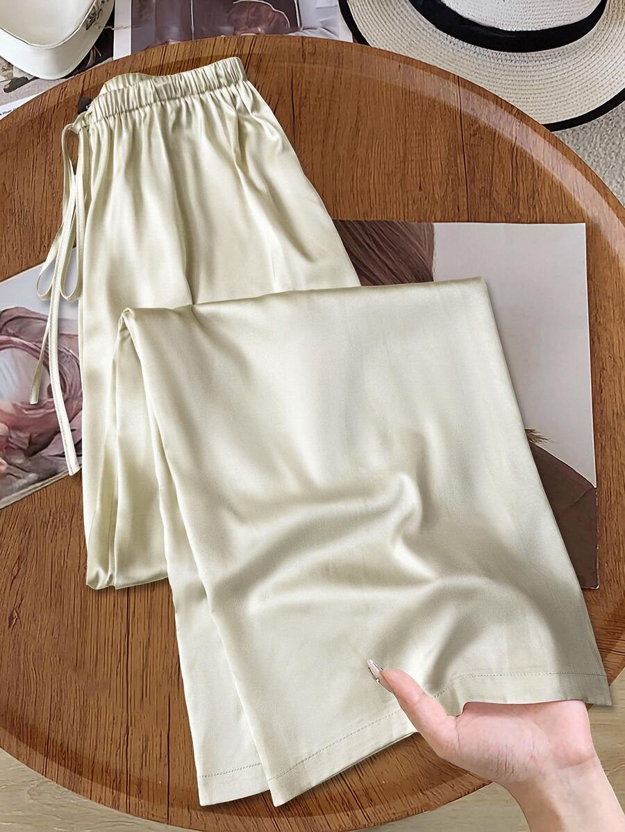 SHEIN LUNE 女士休闲亮面缎面低腰阔腿裤，适合简约休闲通勤，春夏女装裤子女下装商务休闲女宽松裤