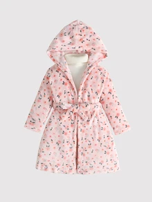 SHEIN 女童絨毛抓絨花卉印花簡約居家服，秋冬款 - 淺粉色 - 查看 6