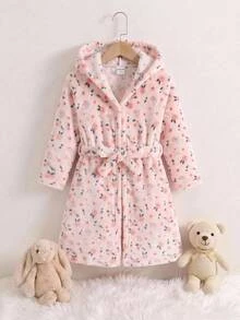 SHEIN 女童絨毛抓絨花卉印花簡約居家服，秋冬款 - 淺粉色 - 查看 2