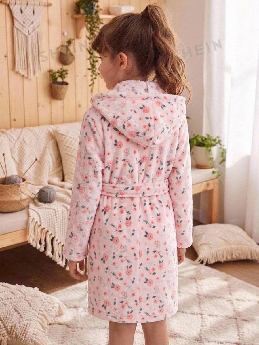 SHEIN 女童絨毛抓絨花卉印花簡約居家服,秋冬款 - 淺粉色 - 查看 1