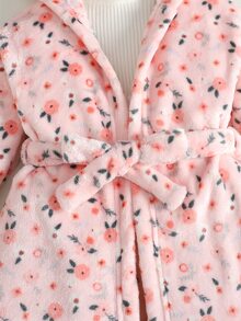 SHEIN 女童絨毛抓絨花卉印花簡約居家服，秋冬款 - 淺粉色 - 查看 5