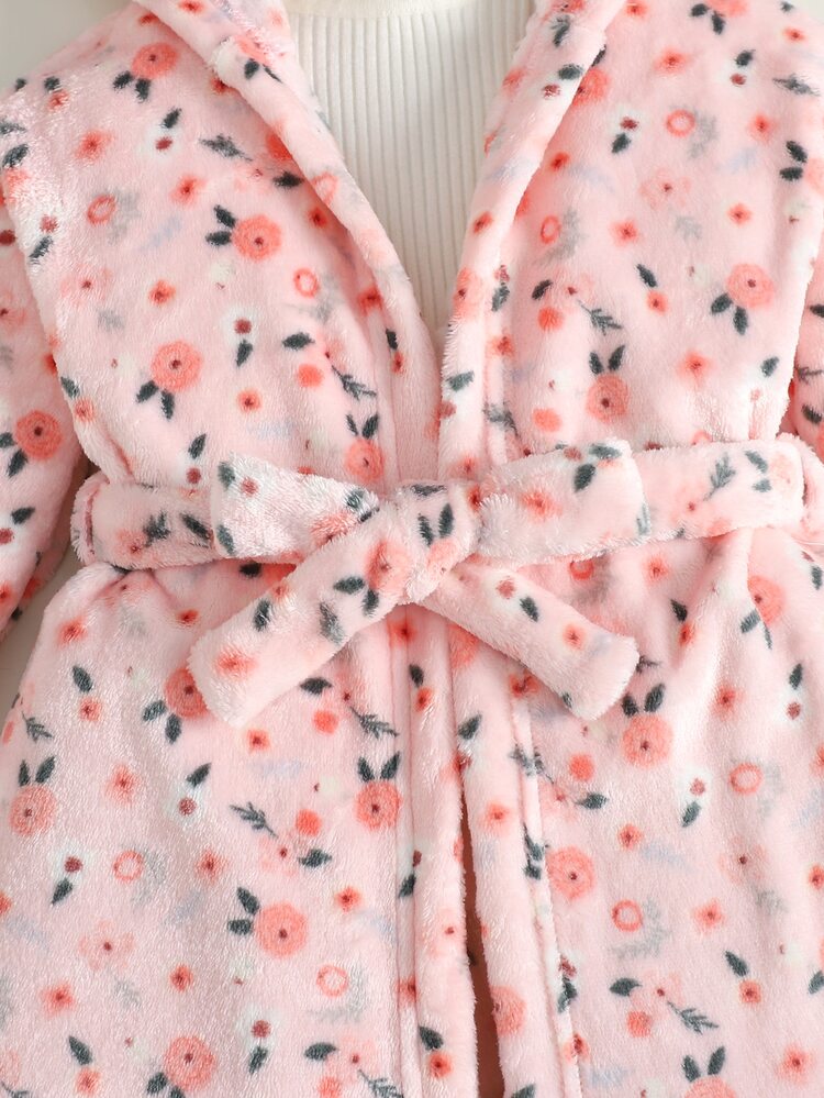 SHEIN Young Girls Young Girl Plush Fleece Floral Print Minimalist Loungewear, Autumn/Winter - Baby Pink - View 5