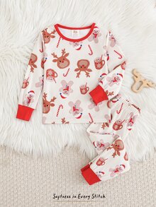 Cozy Pixies طقم من قطعتين للأولاد الصغار بتصميم كرتوني، ملابس علوية صوفية ناعمة برقبة دائرية وأكمام طويلة مع بنطال ضيق بخصر مطاطي - ابيض واحمر - مشاهدة 7