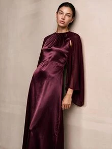 COSMINA Women's Casual Elegant Chiffon & Satin Patchwork Pink Dress - Burgundy - View 2