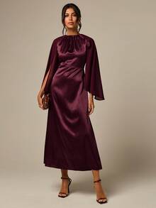 COSMINA Women's Casual Elegant Chiffon & Satin Patchwork Pink Dress - Burgundy - View 7