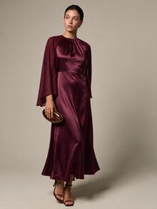 COSMINA Women's Casual Elegant Chiffon & Satin Patchwork Pink Dress - Burgundy - View 3