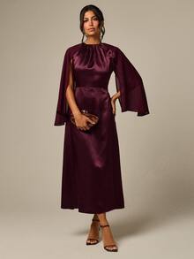 COSMINA Women's Casual Elegant Chiffon & Satin Patchwork Pink Dress - Burgundy - View 5