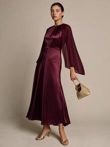 COSMINA Women's Casual Elegant Chiffon & Satin Patchwork Pink Dress - Burgundy - View 1
