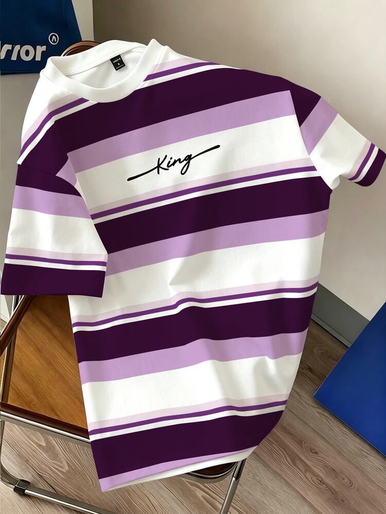 Manfinity Joysei Men's Casual Vacation & Commute Letter & Striped Print Loose Fit Drop Shoulder T-Shirt, Summer - Purple - View 2