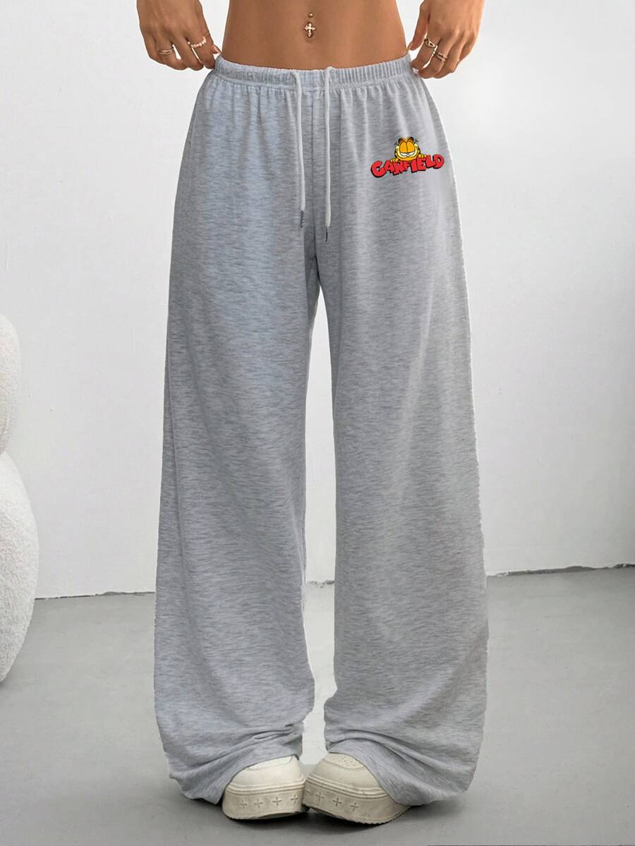 Muchica GARFIELD | SHEIN 女款秋冬極簡前綁帶寬鬆運動長褲，休閒日常穿搭，適合返校季，印花圖案，適合外出、街頭風、機場、時尚、校園季、Y2K、派對、海灘度假、假期 - 淺灰色 - 查看 1
