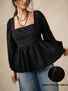 Nubod Solid Color Hollow Embroidery Square Neck Plus Size Blouse Brunch Birthday Black Autumn Elegant Decent Fall - Black - View 1