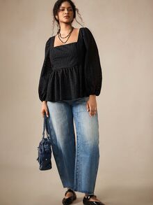 Nubod Solid Color Hollow Embroidery Square Neck Plus Size Blouse Brunch Birthday Black Autumn Elegant Decent Fall - Black - View 5