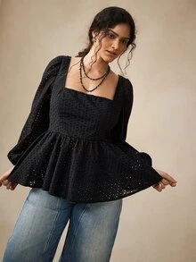 Nubod Solid Color Hollow Embroidery Square Neck Plus Size Blouse Brunch Birthday Black Autumn Elegant Decent Fall - Black - View 4