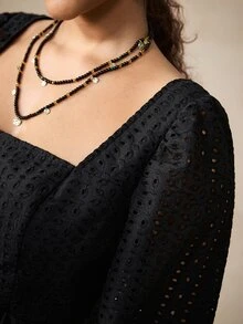 Nubod Solid Color Hollow Embroidery Square Neck Plus Size Blouse Brunch Birthday Black Autumn Elegant Decent Fall - Black - View 6
