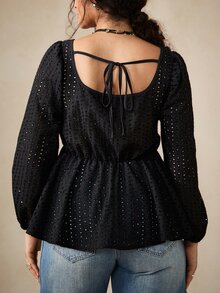 Nubod Solid Color Hollow Embroidery Square Neck Plus Size Blouse Brunch Birthday Black Autumn Elegant Decent Fall - Black - View 2