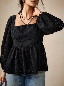 Nubod Solid Color Hollow Embroidery Square Neck Plus Size Blouse Brunch Birthday Black Autumn Elegant Decent Fall - Black - View 7