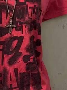 IslaSuriya 字母標語印花時尚極簡 Y2K 女款標準版短袖圓領 T 恤，朋友禮物，演唱會穿搭，亮粉色，夏季 - 彩色 - 查看 3