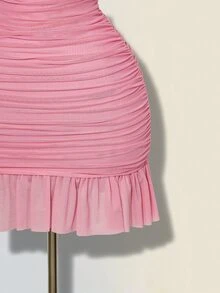SHEIN ICON Women's Mesh Ruched Fitted Solid Color Sleeveless Mini Dress - Baby Pink - View 6