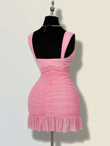 SHEIN ICON Women's Mesh Ruched Fitted Solid Color Sleeveless Mini Dress - Baby Pink - View 7