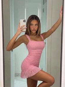 SHEIN ICON Women's Mesh Ruched Fitted Solid Color Sleeveless Mini Dress - Baby Pink - View 3