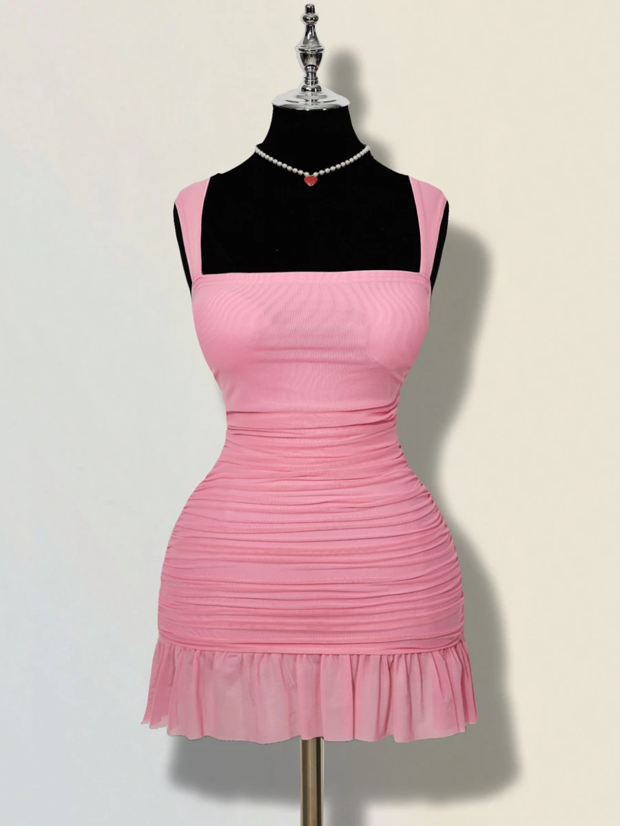 SHEIN ICON Women's Mesh Ruched Fitted Solid Color Sleeveless Mini Dress - Baby Pink - View 1