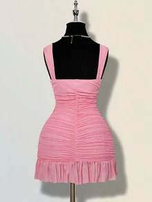 SHEIN ICON Women's Mesh Ruched Fitted Solid Color Sleeveless Mini Dress - Baby Pink - View 2