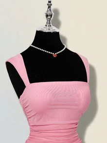 SHEIN ICON Women's Mesh Ruched Fitted Solid Color Sleeveless Mini Dress - Baby Pink - View 4