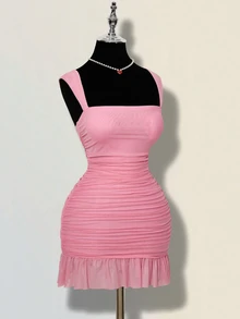 SHEIN ICON Women's Mesh Ruched Fitted Solid Color Sleeveless Mini Dress - Baby Pink - View 8