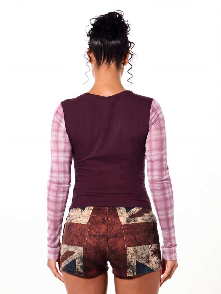 SUMWON WOMEN Priceless Barcode Graphic Crop Top With Plaid Contrast Sleeves Round Neck Long Sleeve Colorblock Festival Party Top - Burgundy - View 2