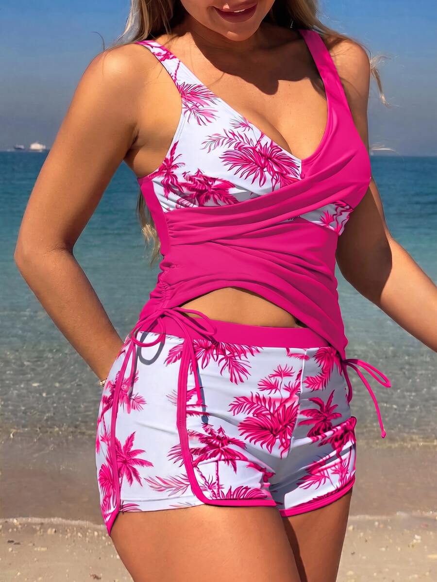 SHEIN Swim Springbreak 女士海滩度假热带植物印花休闲平角内裤支撑肩带比基尼泳装 - 玫紅色 - 查看 1