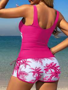 SHEIN Swim Springbreak 女士海滩度假热带植物印花休闲平角内裤支撑肩带比基尼泳装 - 玫紅色 - 查看 2