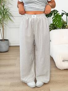 Solflare Plus Size Striped Straight Leg Casual Pants, Minimalist & Fashionable, Suitable For Summer - Apricot - View 6