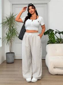 Solflare Plus Size Striped Straight Leg Casual Pants, Minimalist & Fashionable, Suitable For Summer - Apricot - View 5