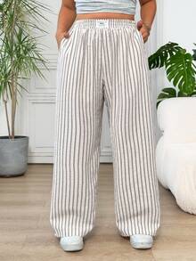 Solflare Plus Size Striped Straight Leg Casual Pants, Minimalist & Fashionable, Suitable For Summer - Apricot - View 4