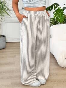 Solflare Plus Size Striped Straight Leg Casual Pants, Minimalist & Fashionable, Suitable For Summer - Apricot - View 8
