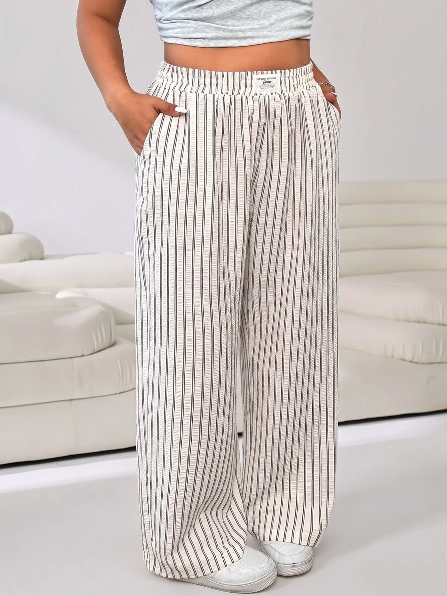 Solflare Plus Size Striped Straight Leg Casual Pants, Minimalist & Fashionable, Suitable For Summer - Apricot - View 1