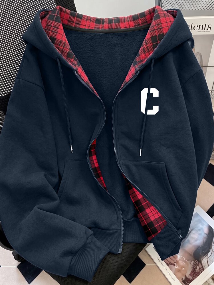 Resyla Women's Letter Print Zipper Hooded Casual Daily Long Sleeve Sweatshirt - Navy Blue - View 1