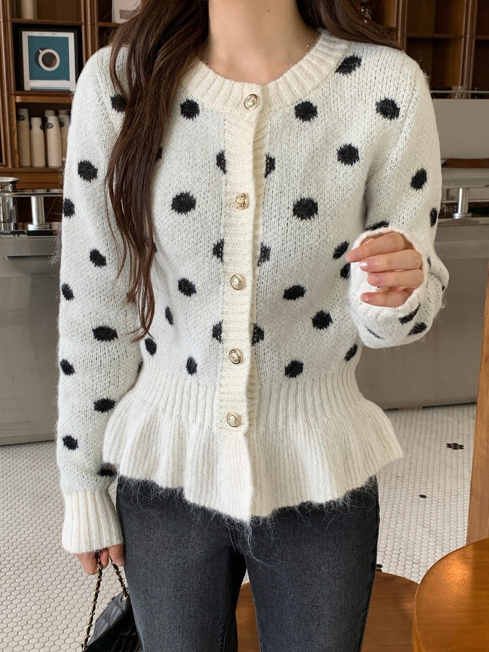 Women's Round Neck Polka Dot Long Sleeve Fitted Elegant Sweater