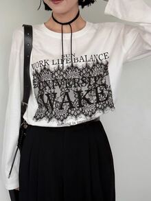 FRIFUL Women's Early Summer/Autumn New Pure Cotton Korean Contrast Color Large Letter Print Contrast Lace Long Sleeve T-Shirt - White - View 3