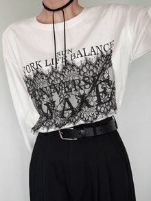 FRIFUL Women's Early Summer/Autumn New Pure Cotton Korean Contrast Color Large Letter Print Contrast Lace Long Sleeve T-Shirt - White - View 6