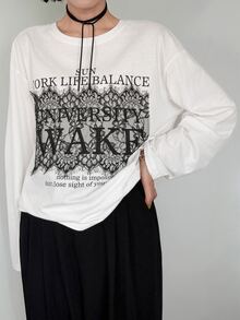 FRIFUL Women's Early Summer/Autumn New Pure Cotton Korean Contrast Color Large Letter Print Contrast Lace Long Sleeve T-Shirt - White - View 5