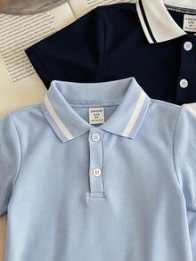 SHEIN Kids Young Boy 3pcs Solid Color Knit Short Sleeve Tops, Casual And Comfortable - Blue - View 7